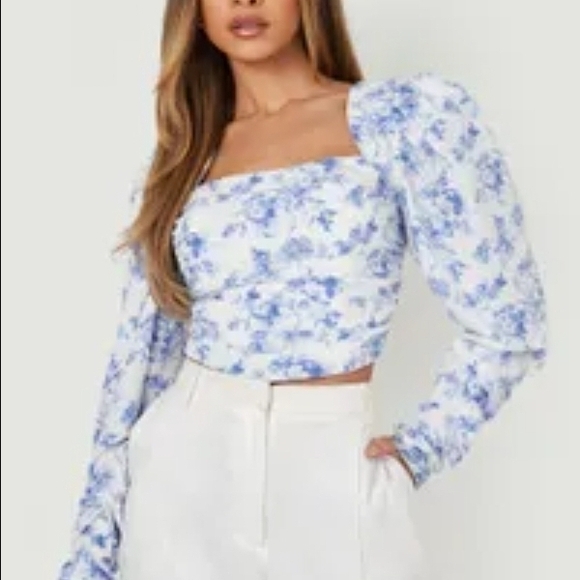 Floral Blue and White Corset Volume Long Sleeve Blouse - Picture 5 of 5
